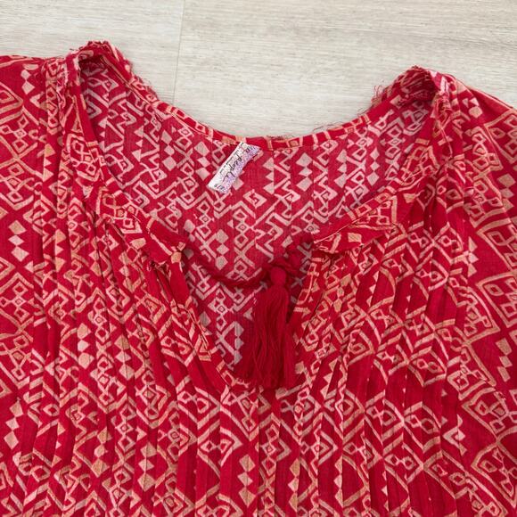 Free People Pintuck Marlow Swing Dress Tunic Red Cream Orange Size Small - Picture 3 of 5
